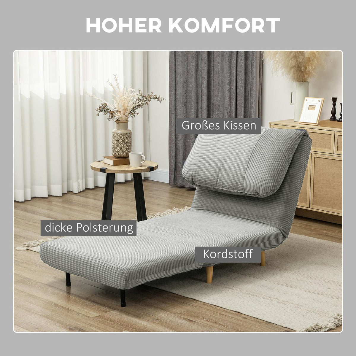 2-in-1 sofa bed, chair bed, adjustable folding mattress, guest bed in corduroy look, for bedroom, living room, gray 82 x 89 x 83 cm