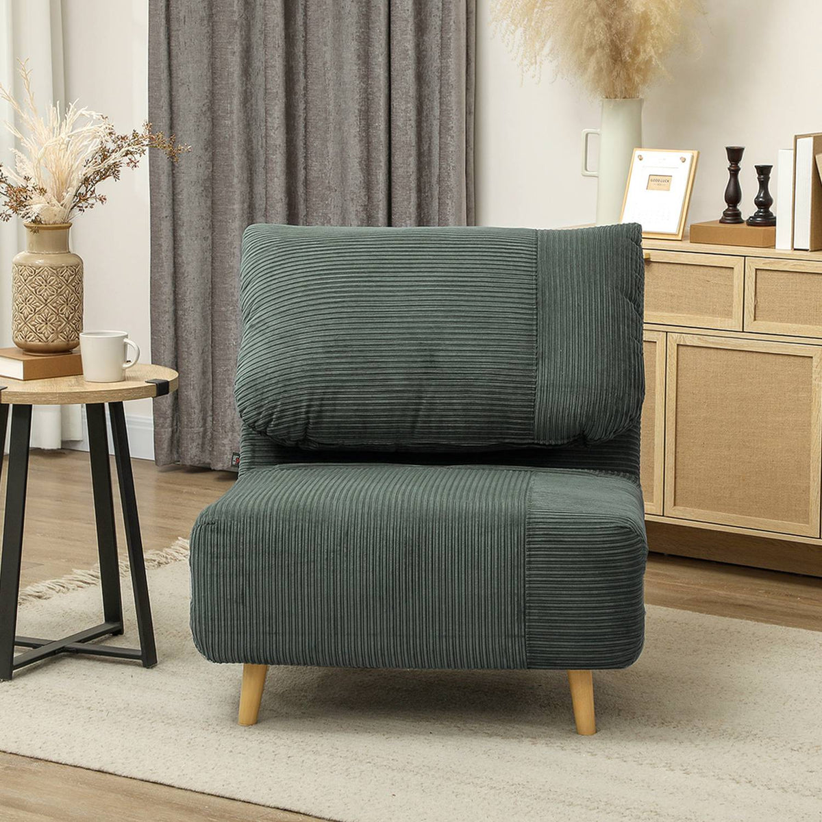 2-in-1 sofa bed, chair bed, adjustable folding mattress, guest bed in corduroy look, for bedroom, living room, green, 82 x 89 x 83 cm