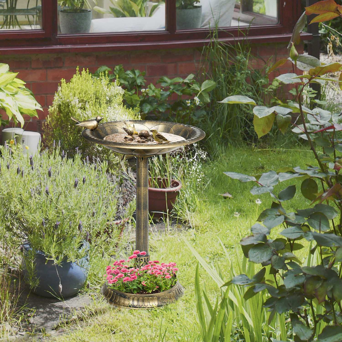 2 in 1 standing bird bath, bird bath made of plastic, frost-proof bird basin, winter-proof water bowl for wild birds, water bowl, water point for garden, terrace, balcony, 50 x 50 x 72 cm, bronze