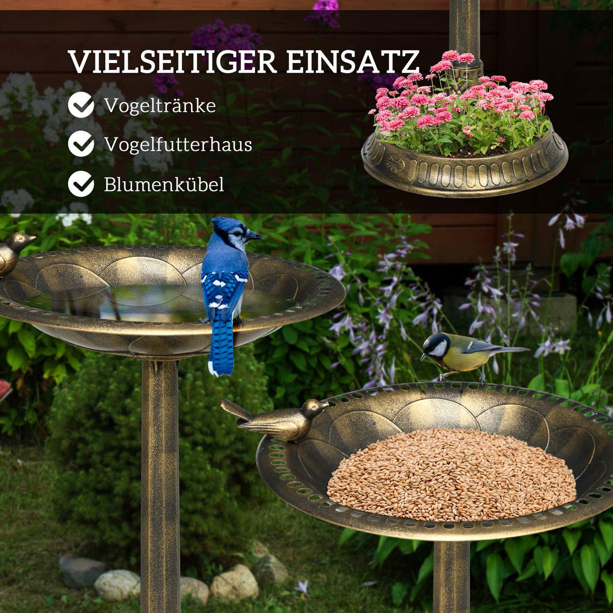 2 in 1 standing bird bath, bird bath made of plastic, frost-proof bird basin, winter-proof water bowl for wild birds, water bowl, water point for garden, terrace, balcony, 50 x 50 x 72 cm, bronze