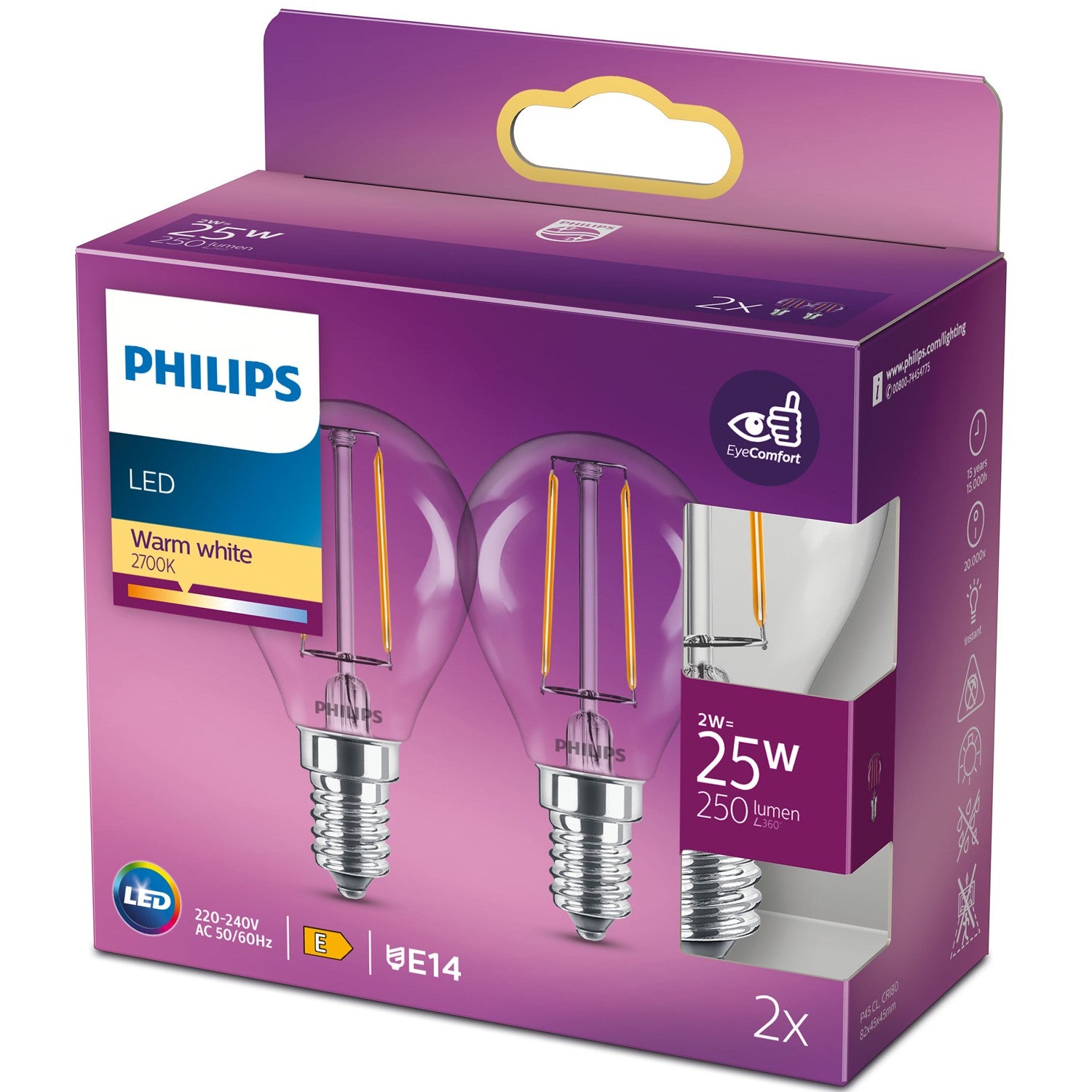 2-pack LED E14 Globe 2W (25W) Clear 250lm