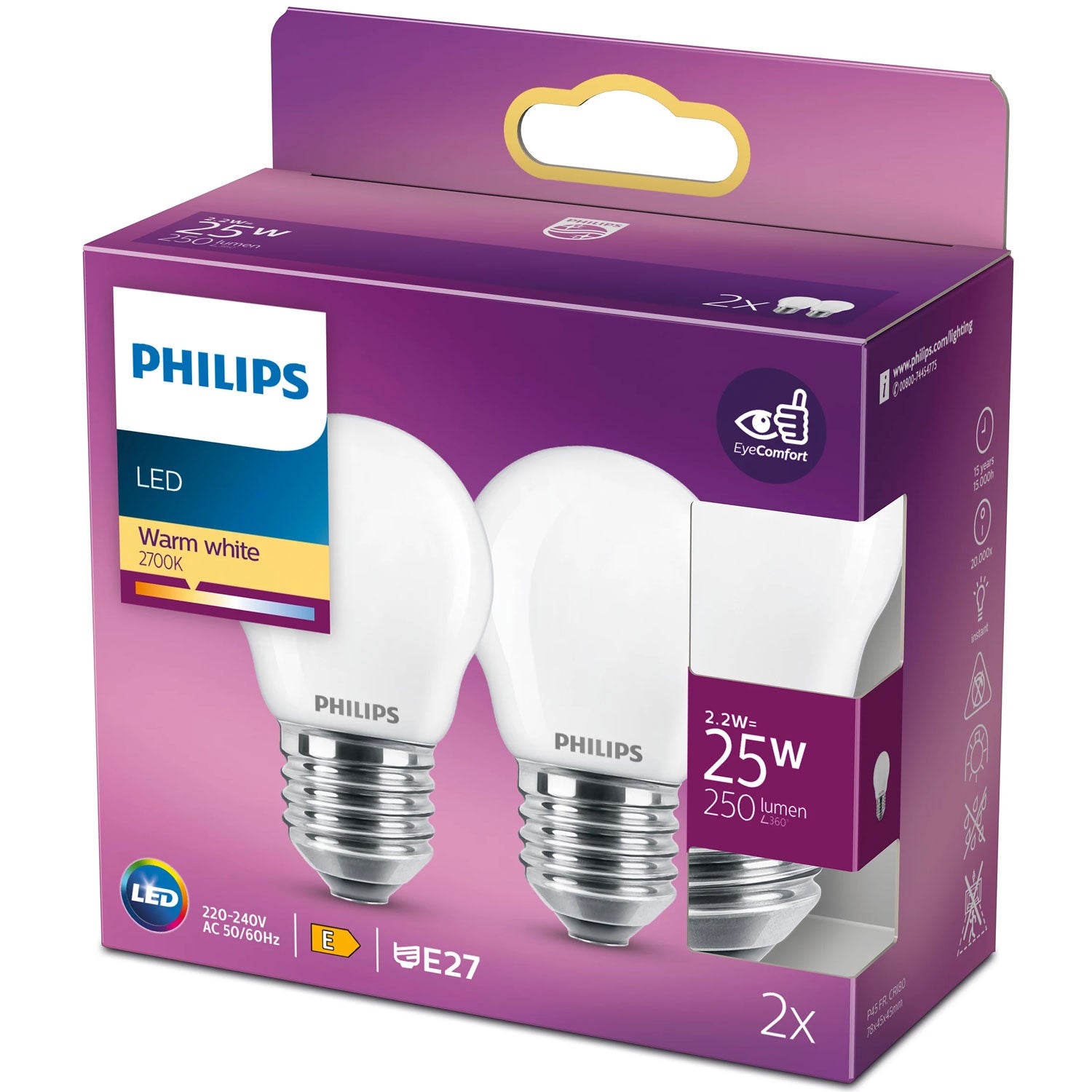 2-pack LED E27 P45 Globe 25W Frost 250lm