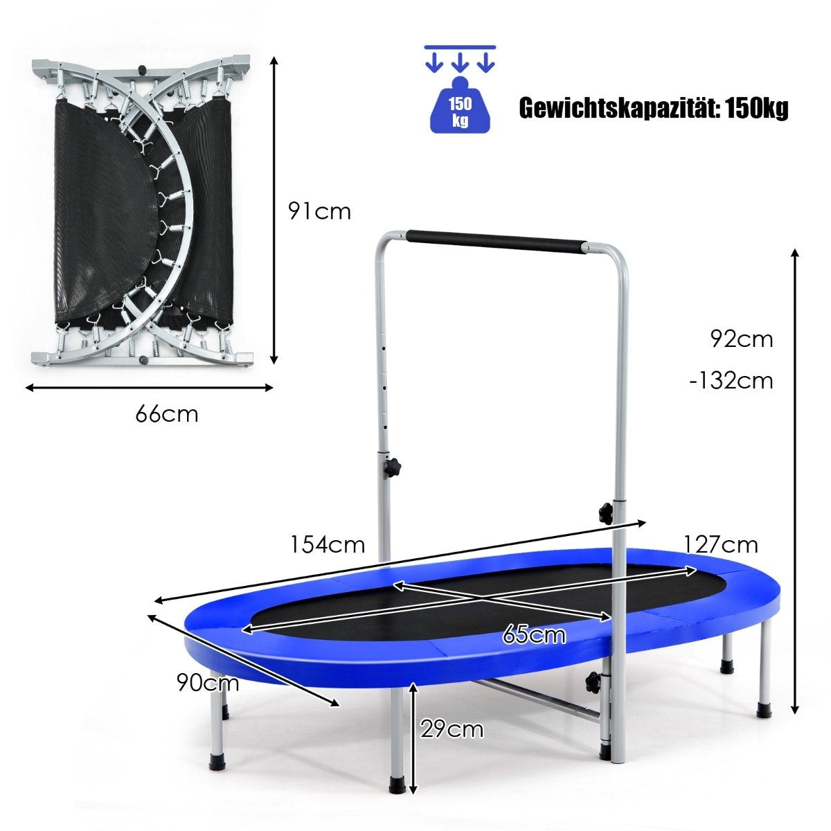 2 person trampoline with height-adjustable handle mini trampoline 154 x 90 x 92 -132 cm blue