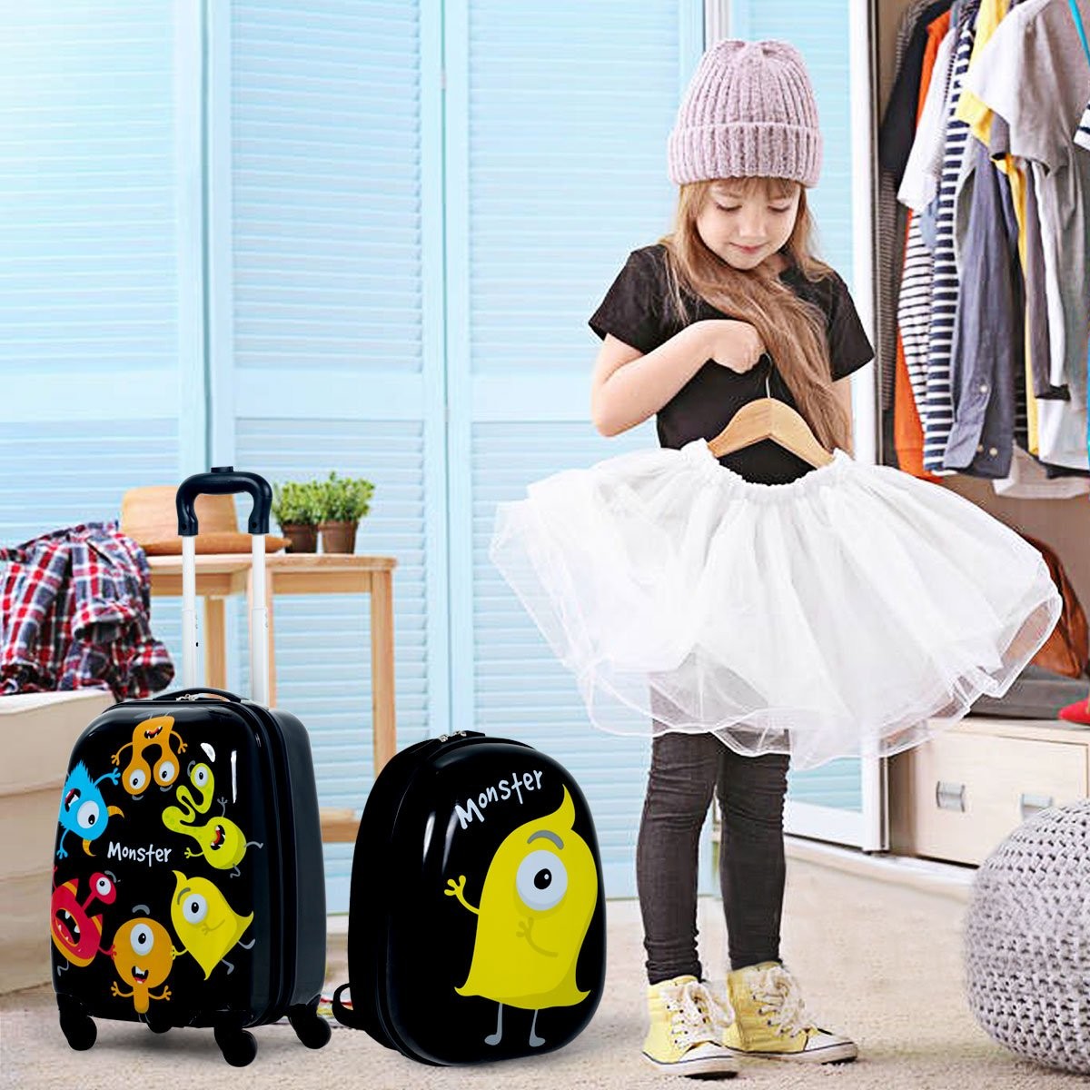 2-piece children's luggage monster picture travel suitcase children's suitcase + backpack black