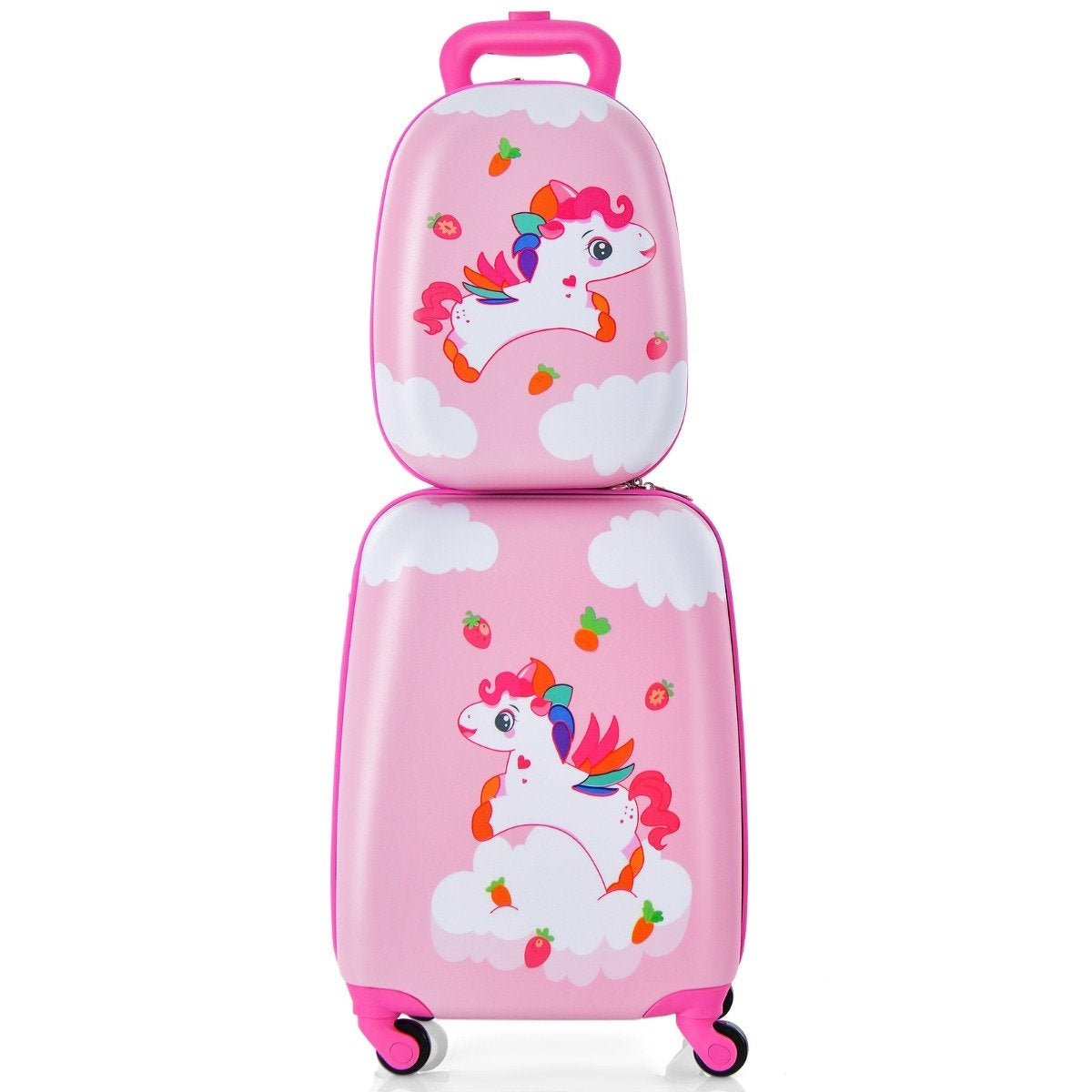 2-piece children's suitcase + backpack made of plastic children's trolley children's luggage 12"+16" pink unicorn
