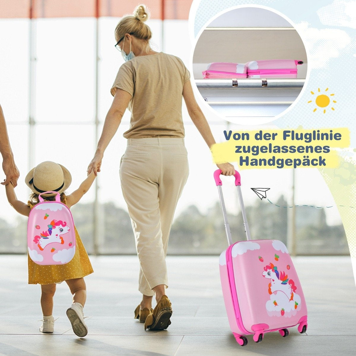 2-piece children's suitcase + backpack made of plastic children's trolley children's luggage 12"+16" pink unicorn