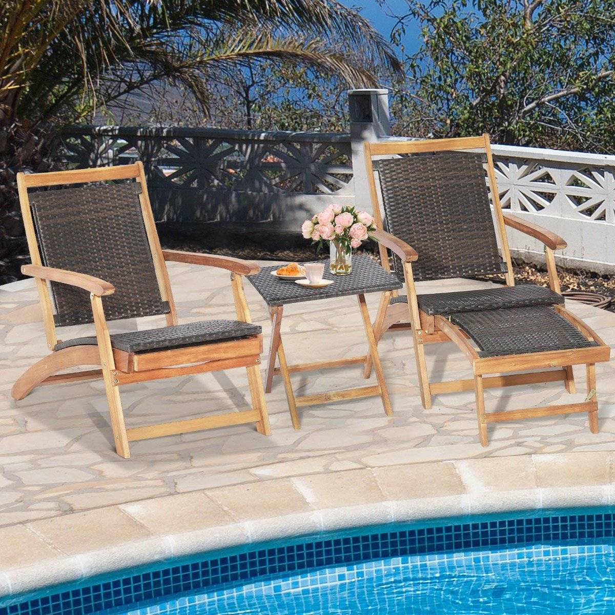 2-piece garden furniture set consisting of a chair with extendable footrest and side table made of brown acacia wood