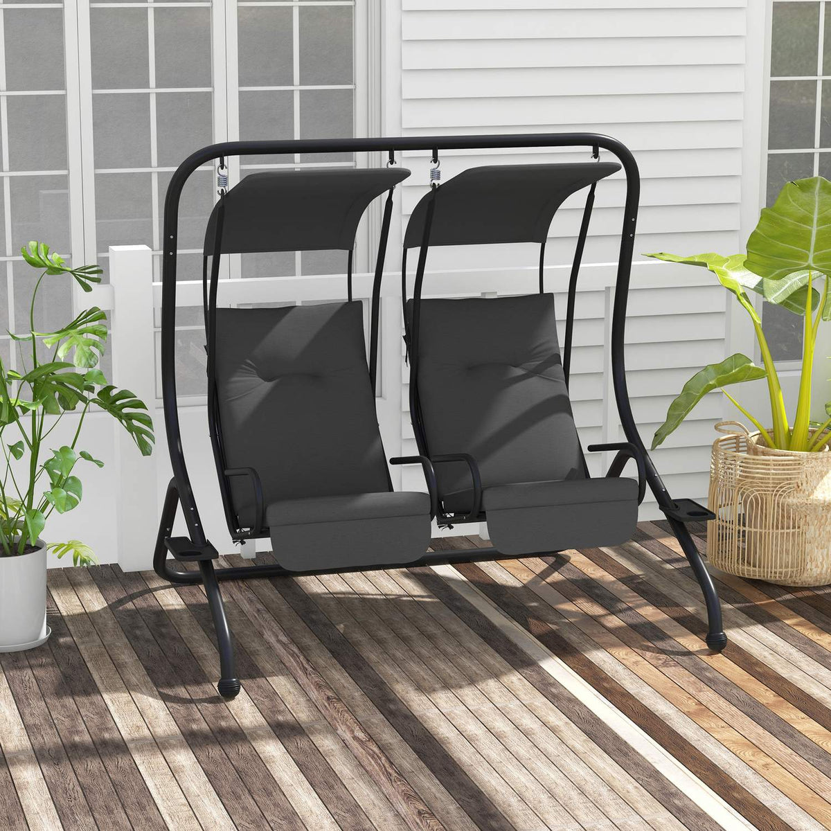 2-seater Hollywood swing garden swing with sun canopy gray 170 x 136 x 170 cm, sturdy steel construction for garden & terrace