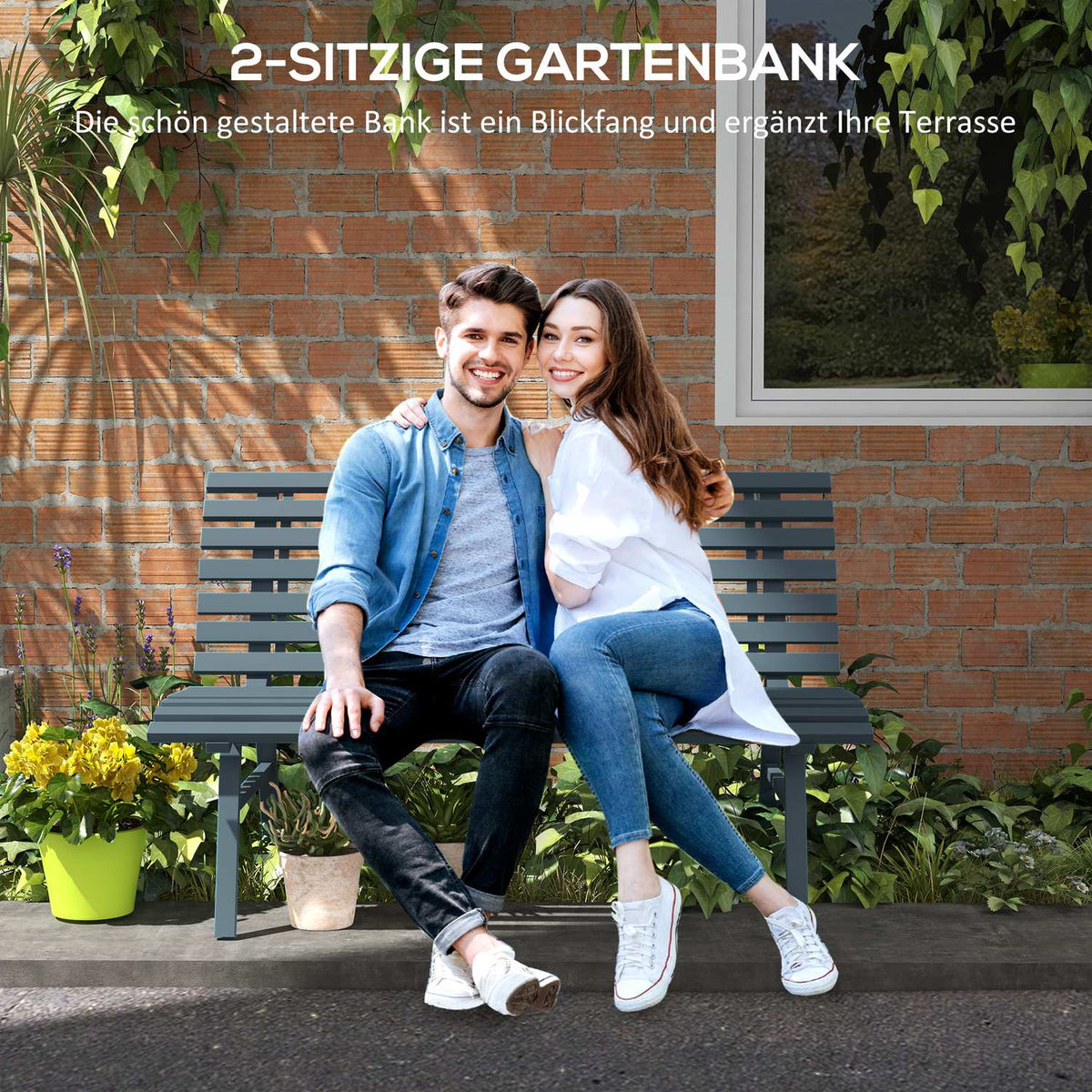 2-seater aluminum garden bench, weatherproof bench, UV-resistant garden furniture with slat design, park bench 240kg load capacity, balcony bench for balcony terrace, garden, 123x67x79cm, blue