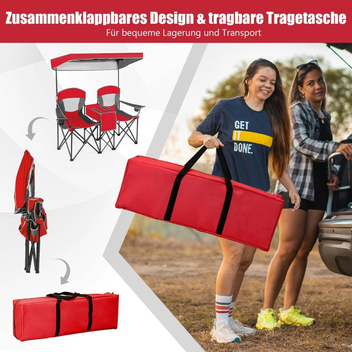 2-seater camping chair with sun protection mini table folding fishing chair with carry bag 166 x 71 x 151 cm red