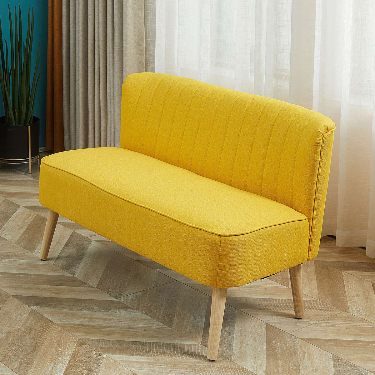 2-seater fabric sofa upholstered sofa seating lounge sofa wood foam yellow 117 x 56.5 x 77 cm