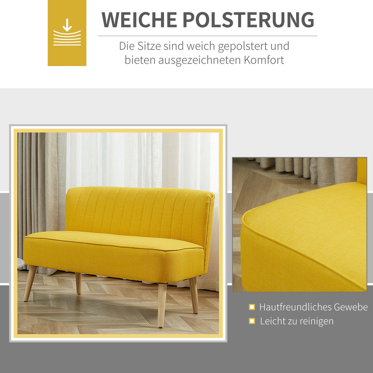 2-seater fabric sofa upholstered sofa seating lounge sofa wood foam yellow 117 x 56.5 x 77 cm