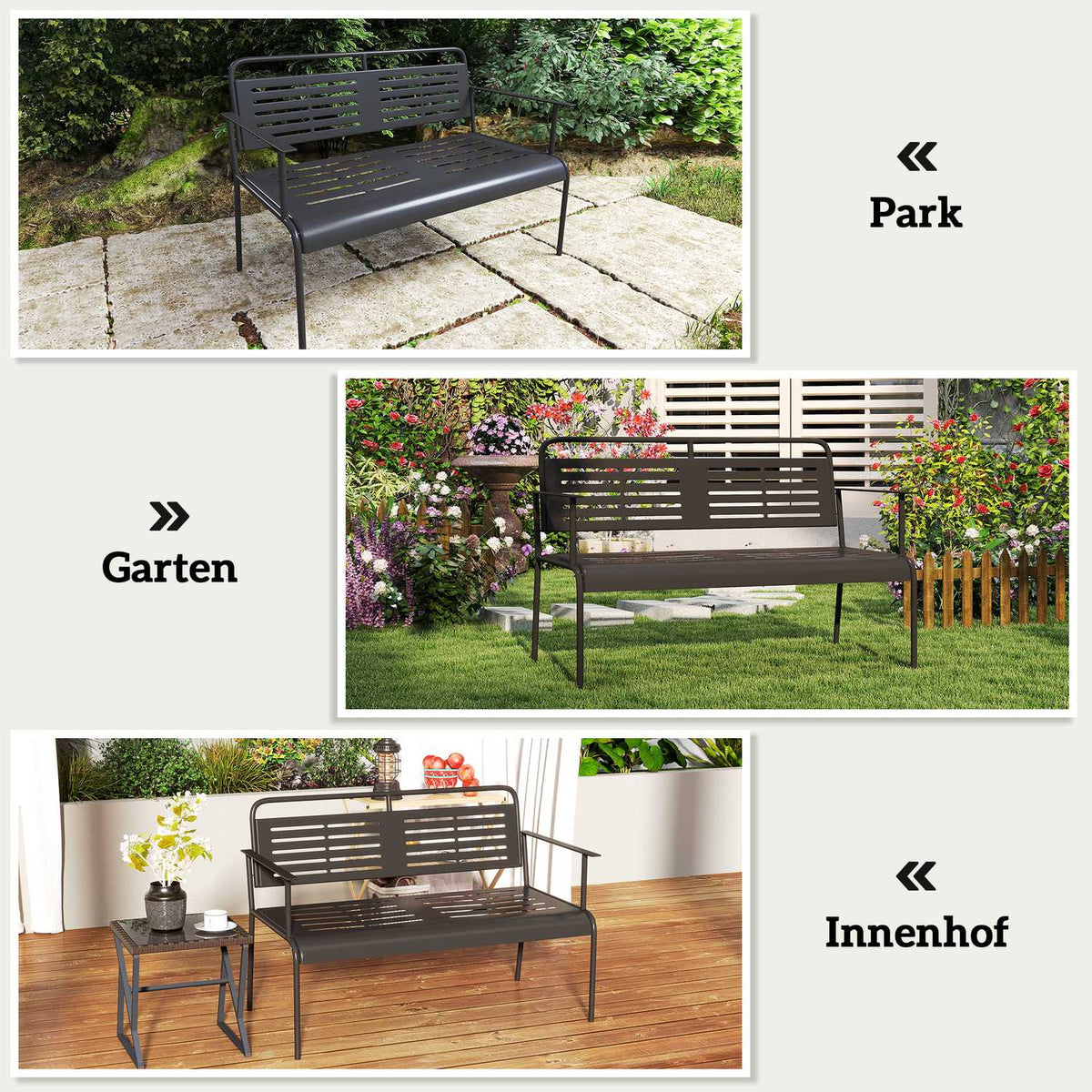 2-seater garden bench, bench with slat design, water-repellent garden furniture with back and armrests, park bench 240kg load capacity, balcony bench for terrace, garden, 121 x 64 x 84cm, black |