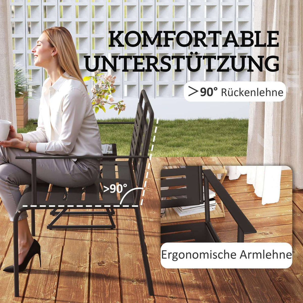 2-seater garden bench, bench with slat design, water-repellent garden furniture with back and armrests, park bench 240kg load capacity, balcony bench for terrace, garden, 121 x 64 x 84cm, black |