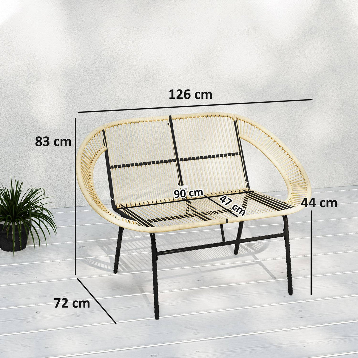 2-seater garden bench polyrattan, weatherproof bench in rattan weave design, UV-resistant garden furniture with backrests, park bench 260kg load capacity, for balcony terrace, garden 126x72x83cm, khaki
