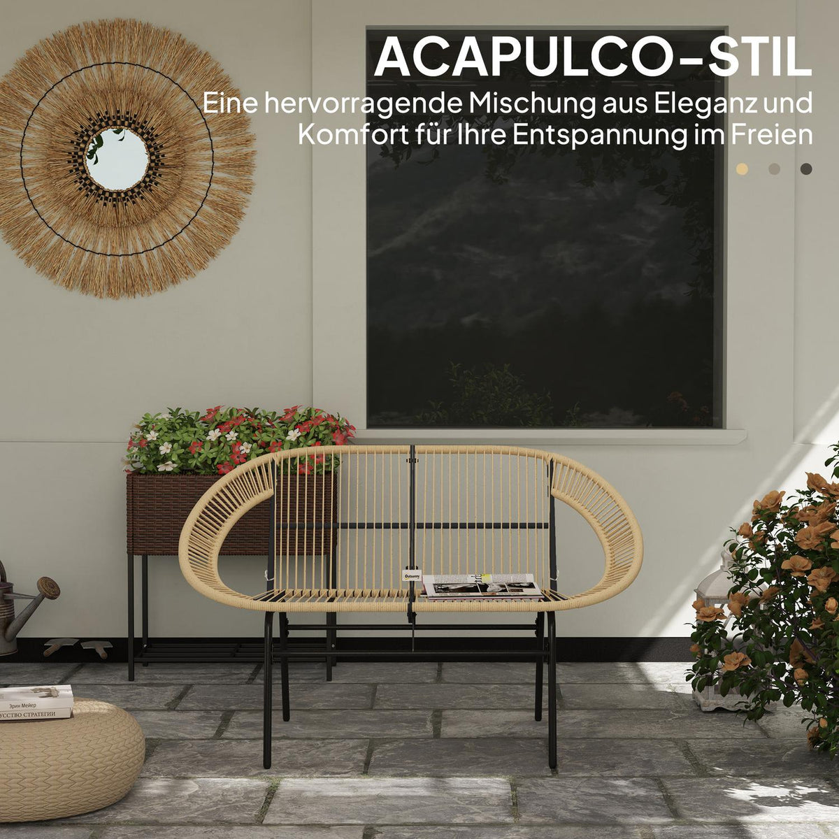 2-seater garden bench polyrattan, weatherproof bench in rattan weave design, UV-resistant garden furniture with backrests, park bench 260kg load capacity, for balcony terrace, garden 126x72x83cm, khaki