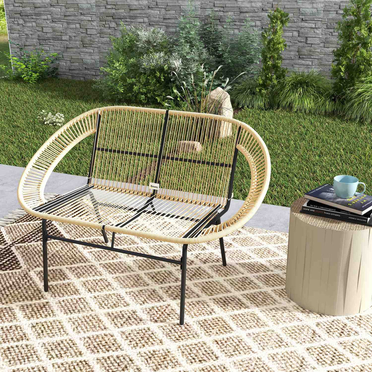 2-seater garden bench polyrattan, weatherproof bench in rattan weave design, UV-resistant garden furniture with backrests, park bench 260kg load capacity, for balcony terrace, garden 126x72x83cm, khaki
