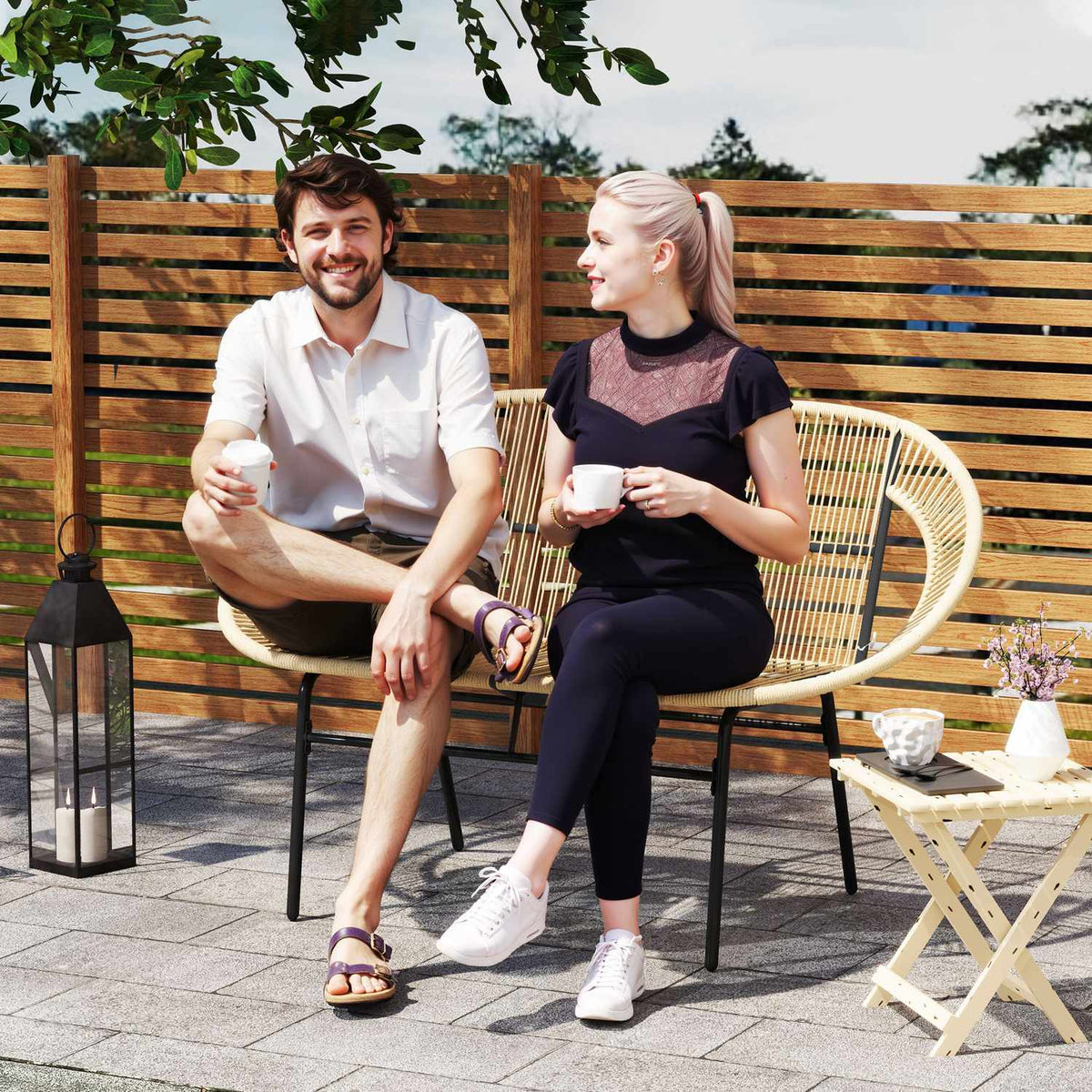 2-seater garden bench polyrattan, weatherproof bench in rattan weave design, UV-resistant garden furniture with backrests, park bench 260kg load capacity, for balcony terrace, garden 126x72x83cm, khaki