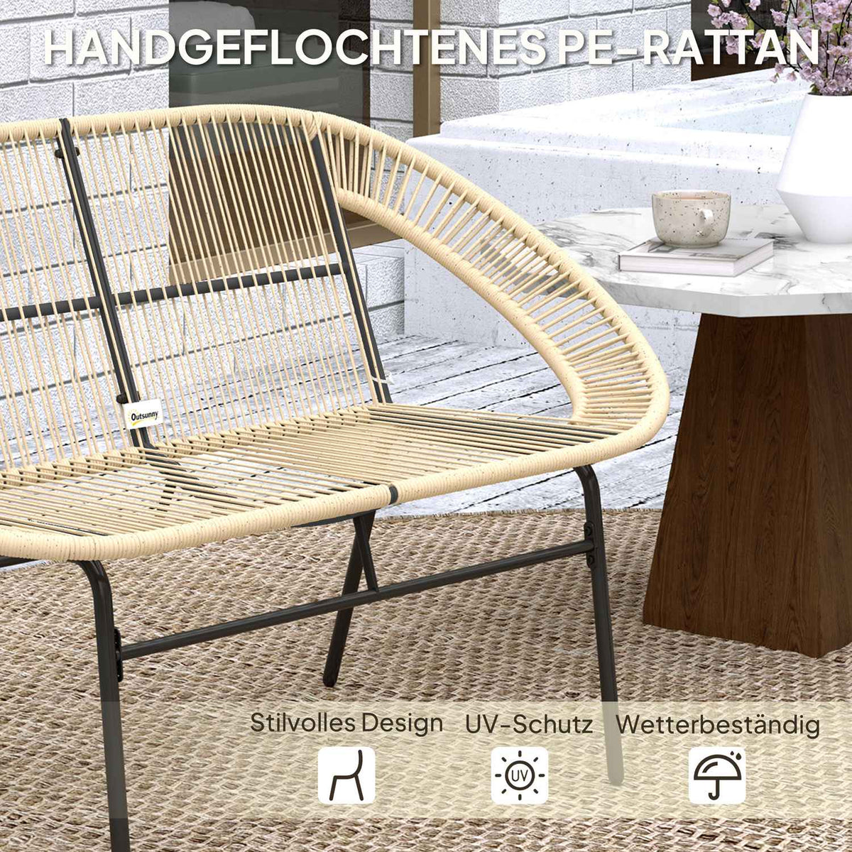 2-seater garden bench polyrattan, weatherproof bench in rattan weave design, UV-resistant garden furniture with backrests, park bench 260kg load capacity, for balcony terrace, garden 126x72x83cm, khaki