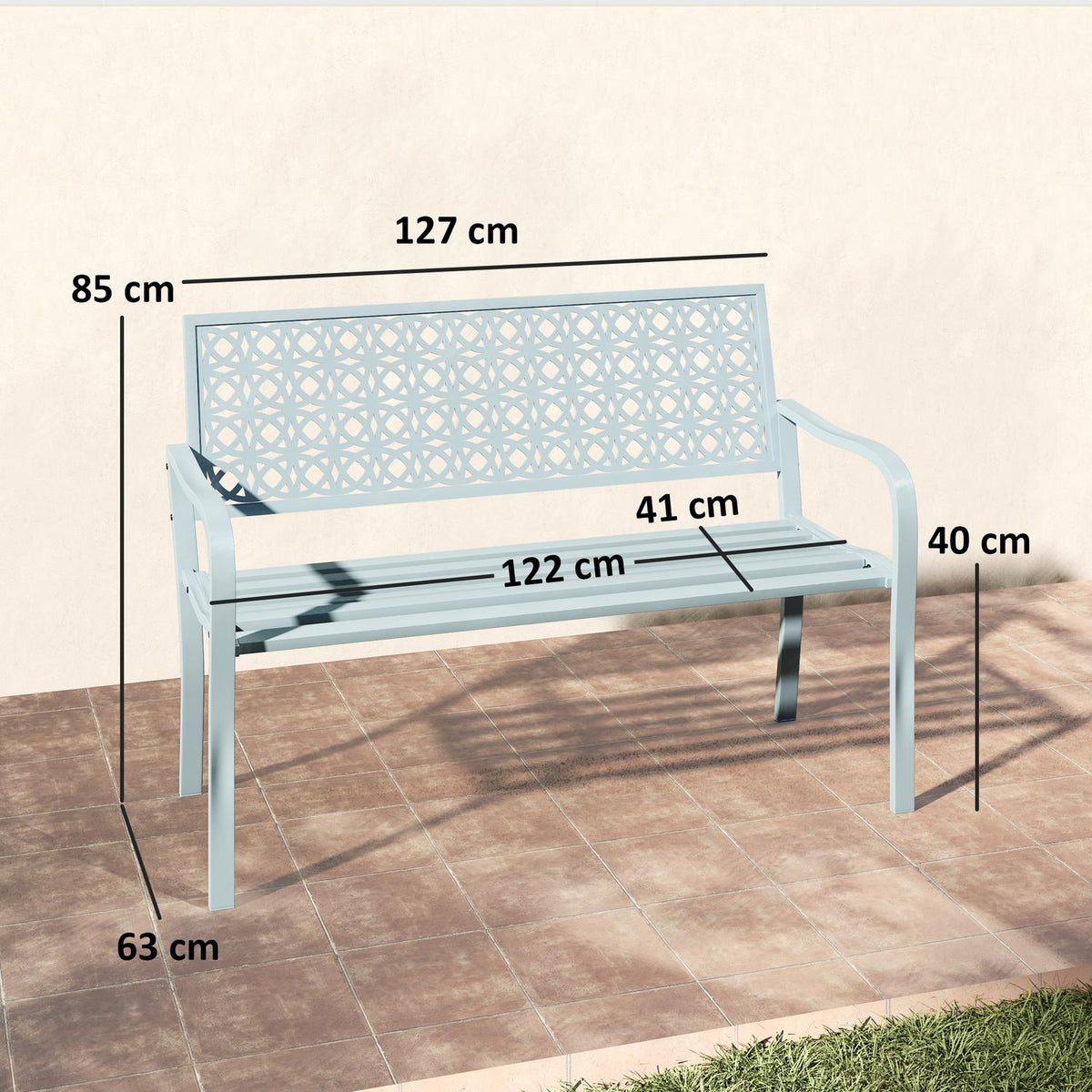 2-seater garden bench, weatherproof bench, garden furniture with back and armrests, park bench 240kg load capacity, balcony bench for balcony terrace, garden, 127 x 63 x 85cm, blue