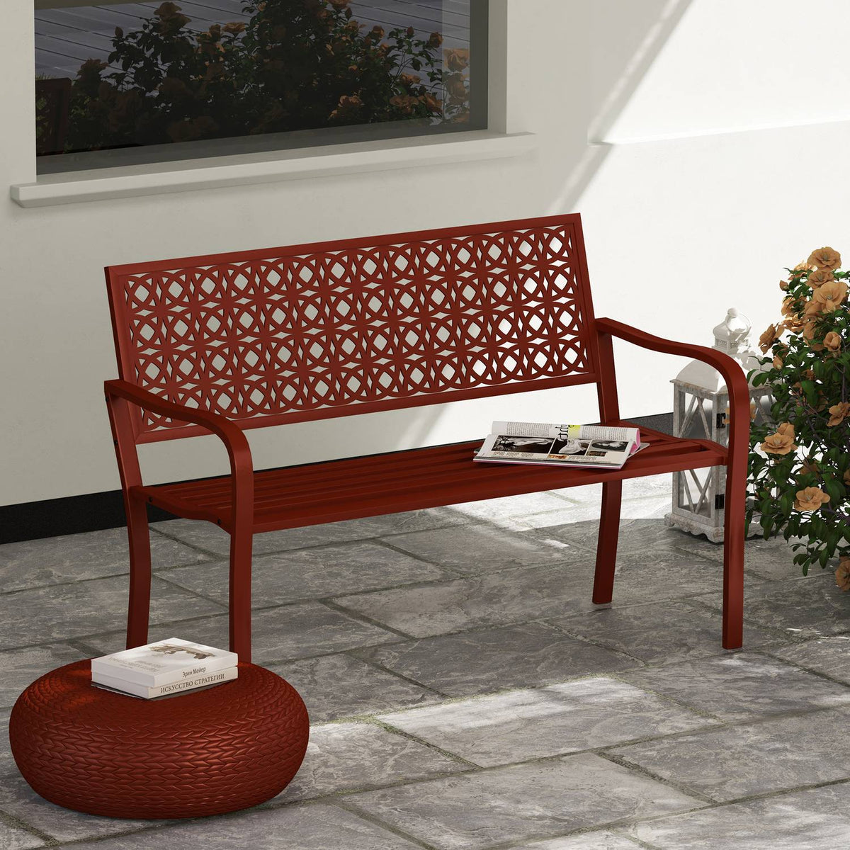 2-seater garden bench, weatherproof bench, garden furniture with back and armrests, park bench 240kg load capacity, balcony bench for balcony terrace, garden, 127 x 63 x 85cm, red