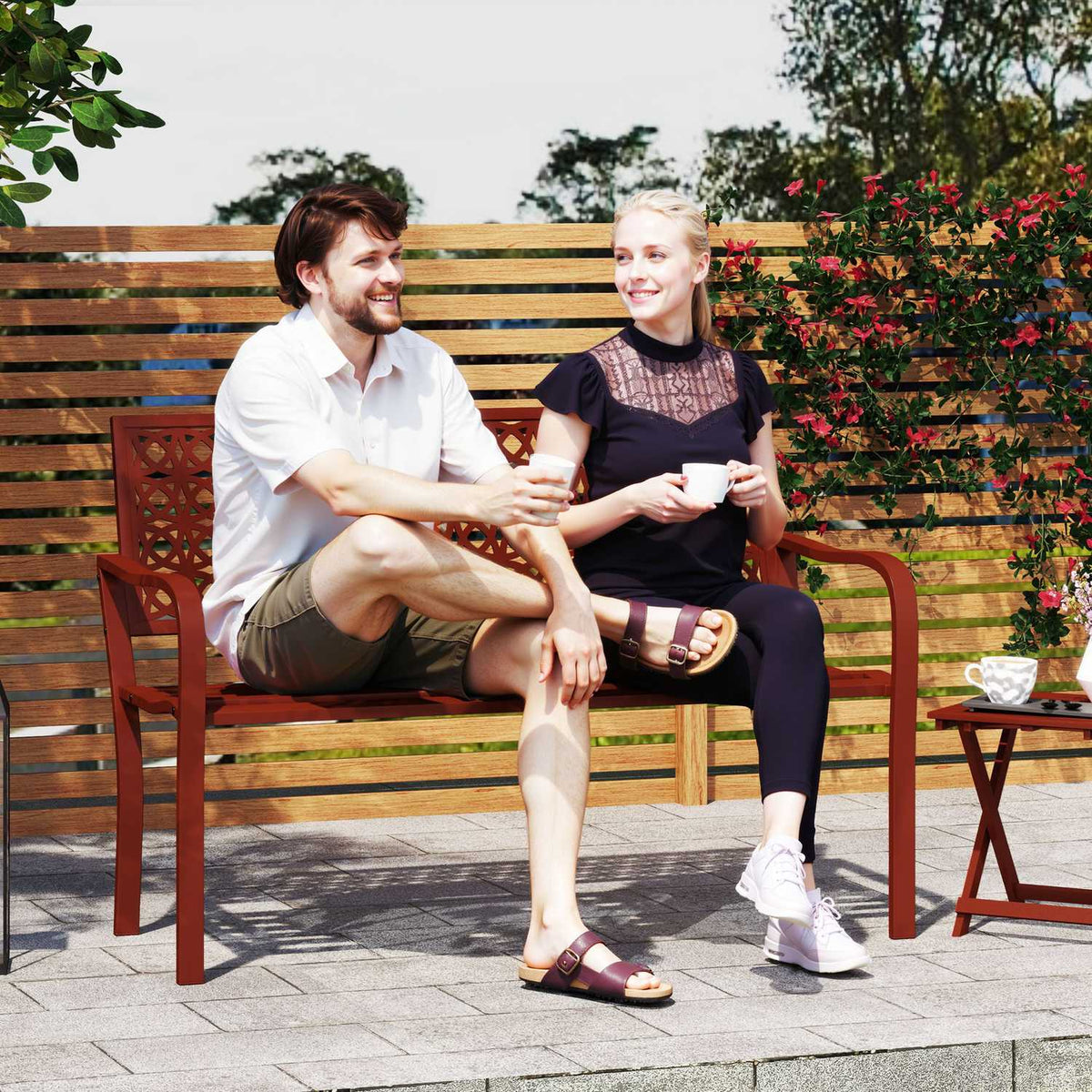 2-seater garden bench, weatherproof bench, garden furniture with back and armrests, park bench 240kg load capacity, balcony bench for balcony terrace, garden, 127 x 63 x 85cm, red
