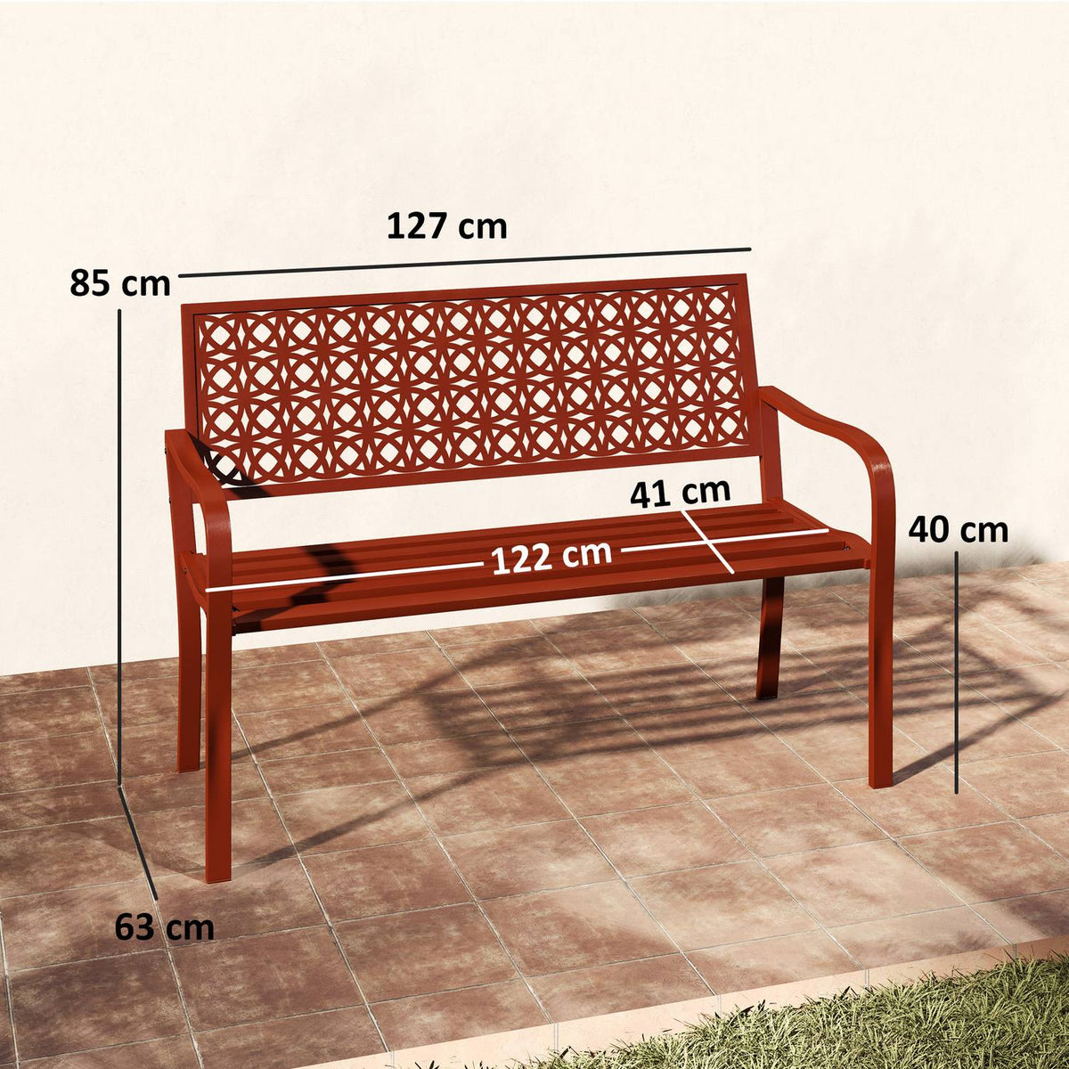 2-seater garden bench, weatherproof bench, garden furniture with back and armrests, park bench 240kg load capacity, balcony bench for balcony terrace, garden, 127 x 63 x 85cm, red