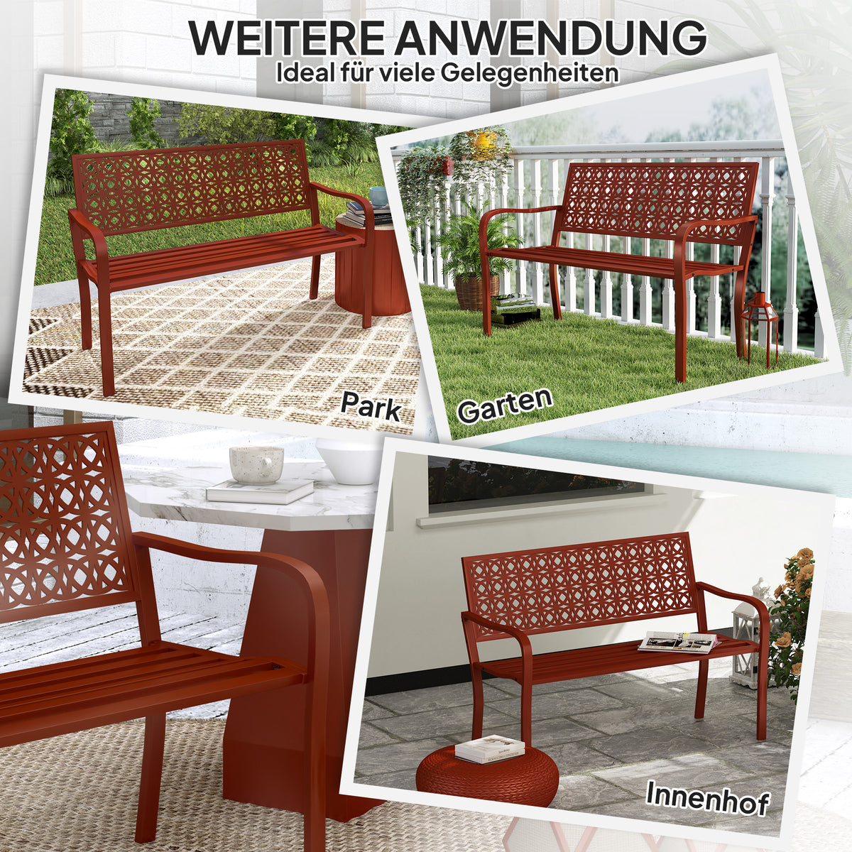 2-seater garden bench, weatherproof bench, garden furniture with back and armrests, park bench 240kg load capacity, balcony bench for balcony terrace, garden, 127 x 63 x 85cm, red