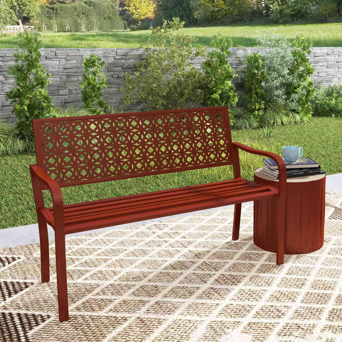 2-seater garden bench, weatherproof bench, garden furniture with back and armrests, park bench 240kg load capacity, balcony bench for balcony terrace, garden, 127 x 63 x 85cm, red