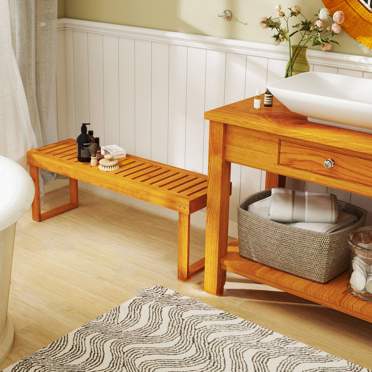 2-seater garden bench, weatherproof bench made of wood, 300 kg load-bearing park bench with slatted seat, garden furniture, balcony bench for garden, balcony, terrace, park, yard, veranda 128 x 51 x 73 cm, teak