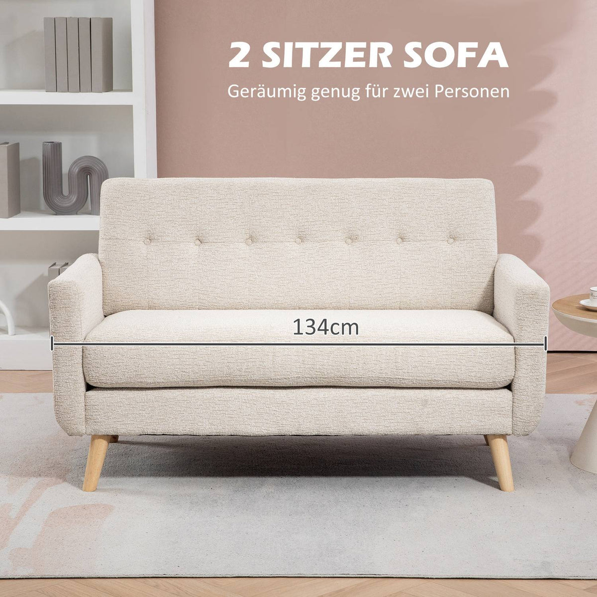 2-seater kitchen sofa, 134W x 71D x 82H cm, with thick seat and back cushion, spring core, wooden legs, anti-slip feet, velvet look, beige