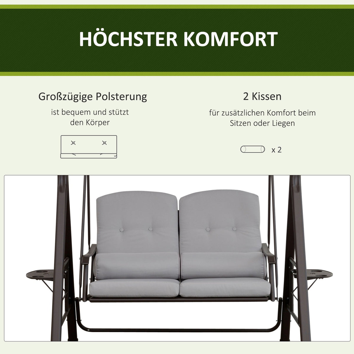 2-seater porch swing with sun canopy, cushions & tray, modern garden swing made of metal & polyester, gray, 162x118x173cm
