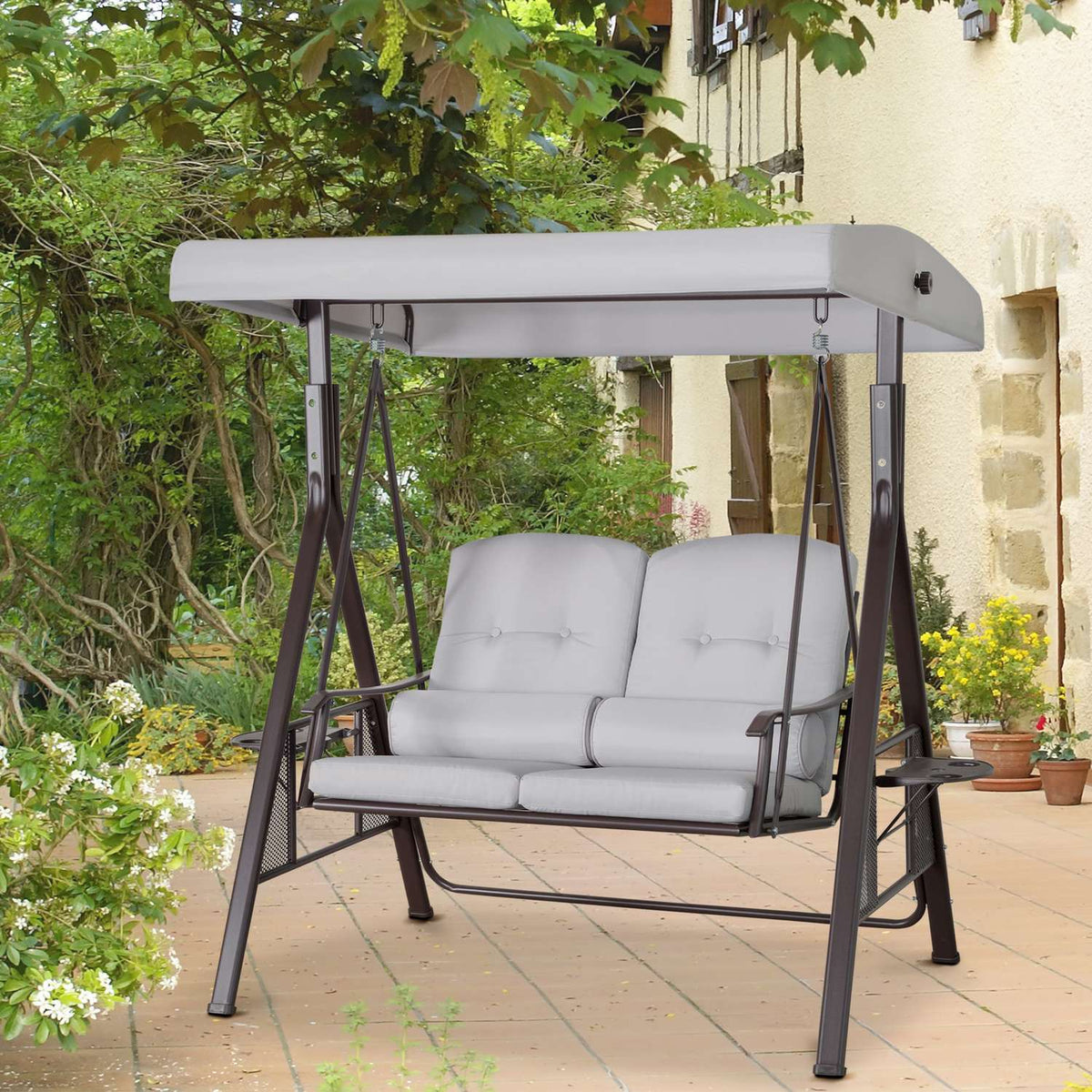 2-seater porch swing with sun canopy, cushions & tray, modern garden swing made of metal & polyester, gray, 162x118x173cm