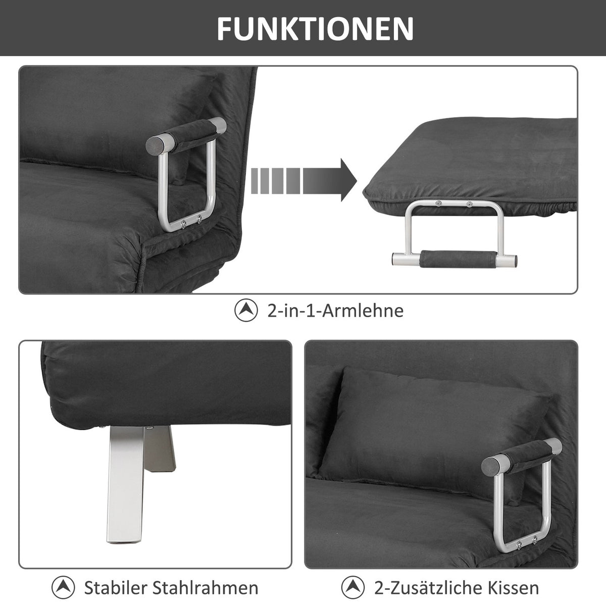 2-seater sofa bed with armrests 65x69x80cm 3-in-1 sofa bed, guest bed, folding mattress, imitation suede, gray