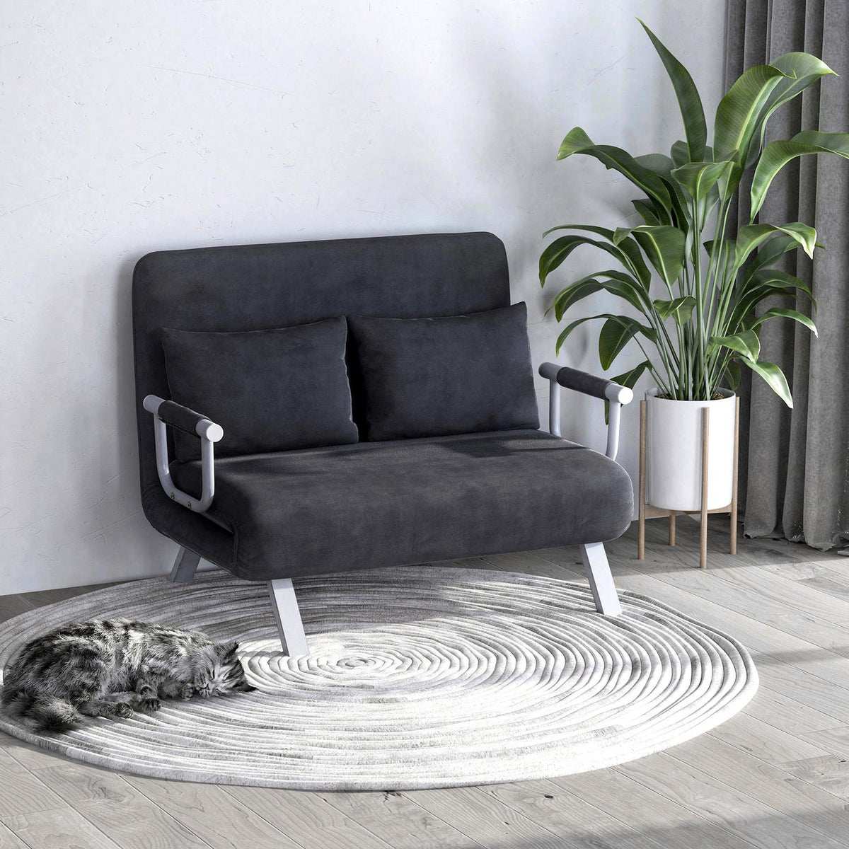 2-seater sofa bed with armrests 65x69x80cm 3-in-1 sofa bed, guest bed, folding mattress, imitation suede, gray