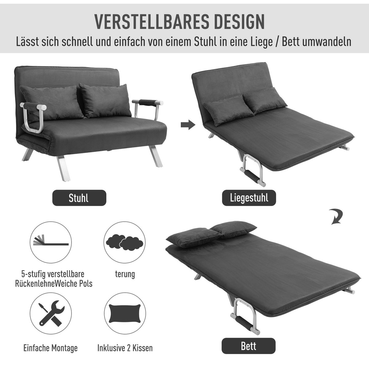 2-seater sofa bed with armrests 65x69x80cm 3-in-1 sofa bed, guest bed, folding mattress, imitation suede, gray