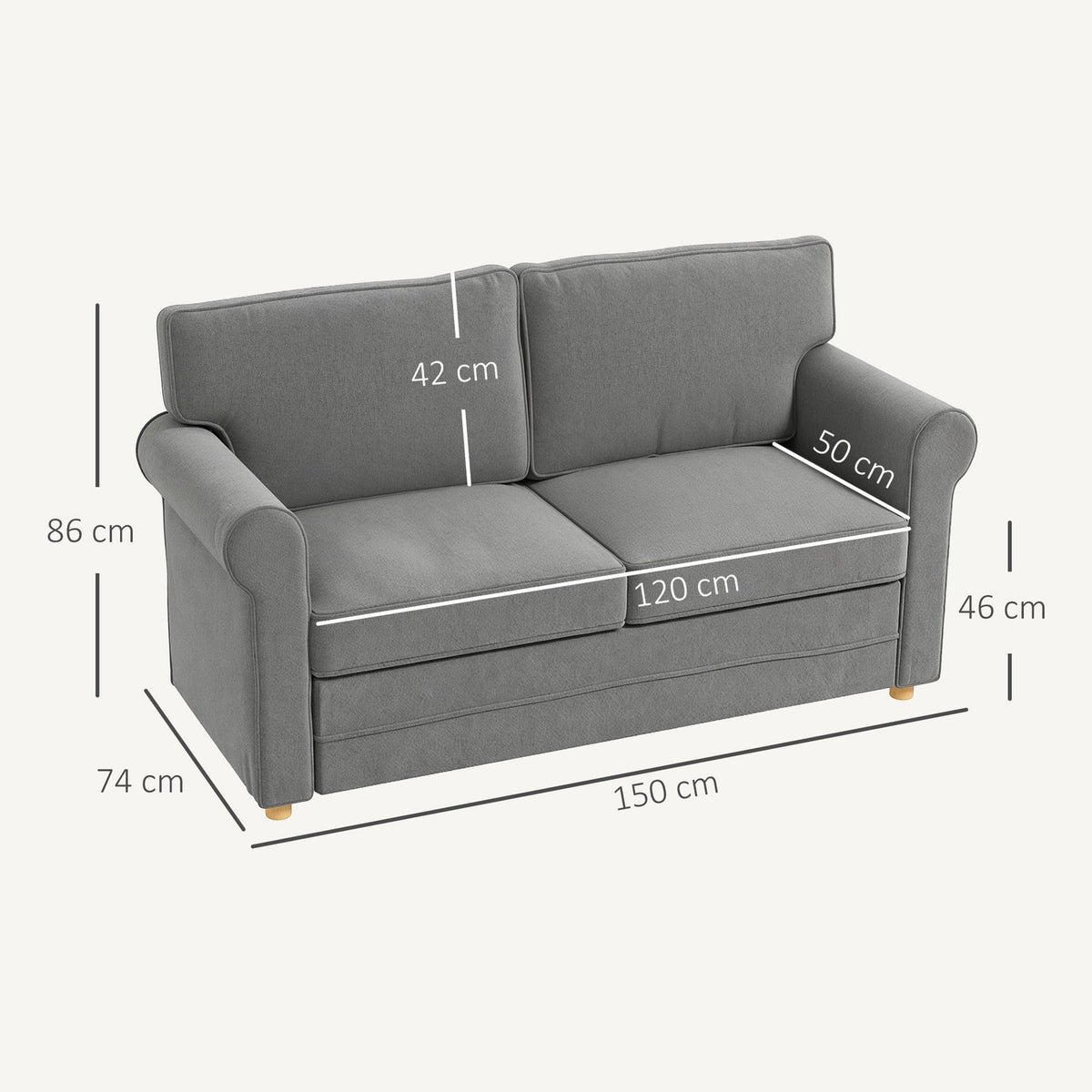 2-seater sofa, compact living room couch, linen-look fabric, soft seat cushions, steel frame, dark grey