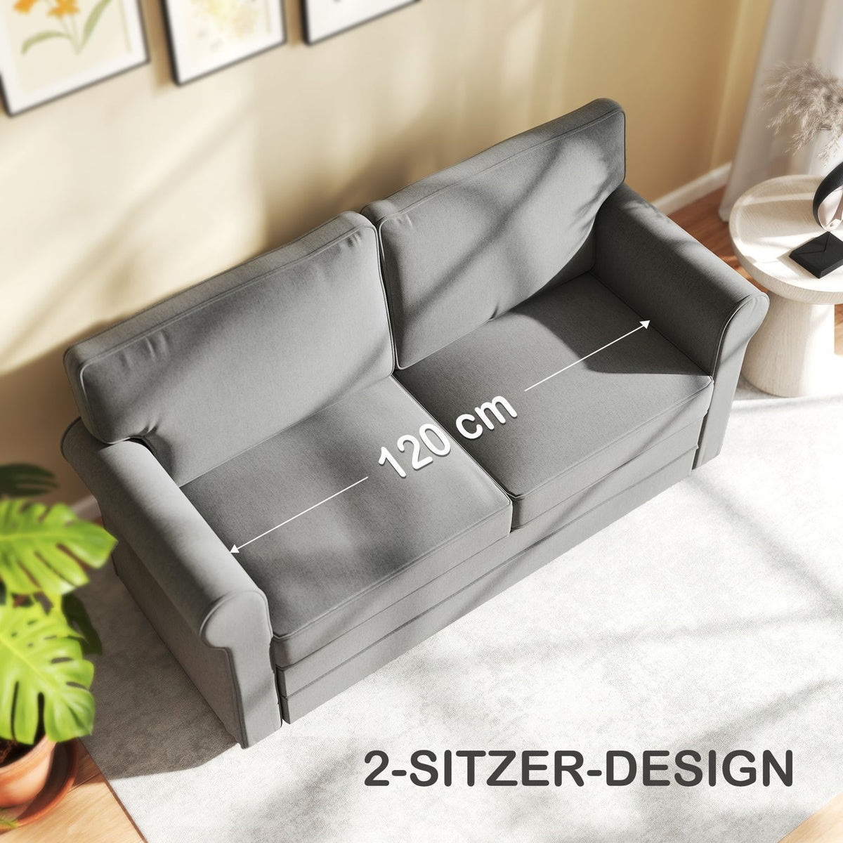 2-seater sofa, compact living room couch, linen-look fabric, soft seat cushions, steel frame, dark grey