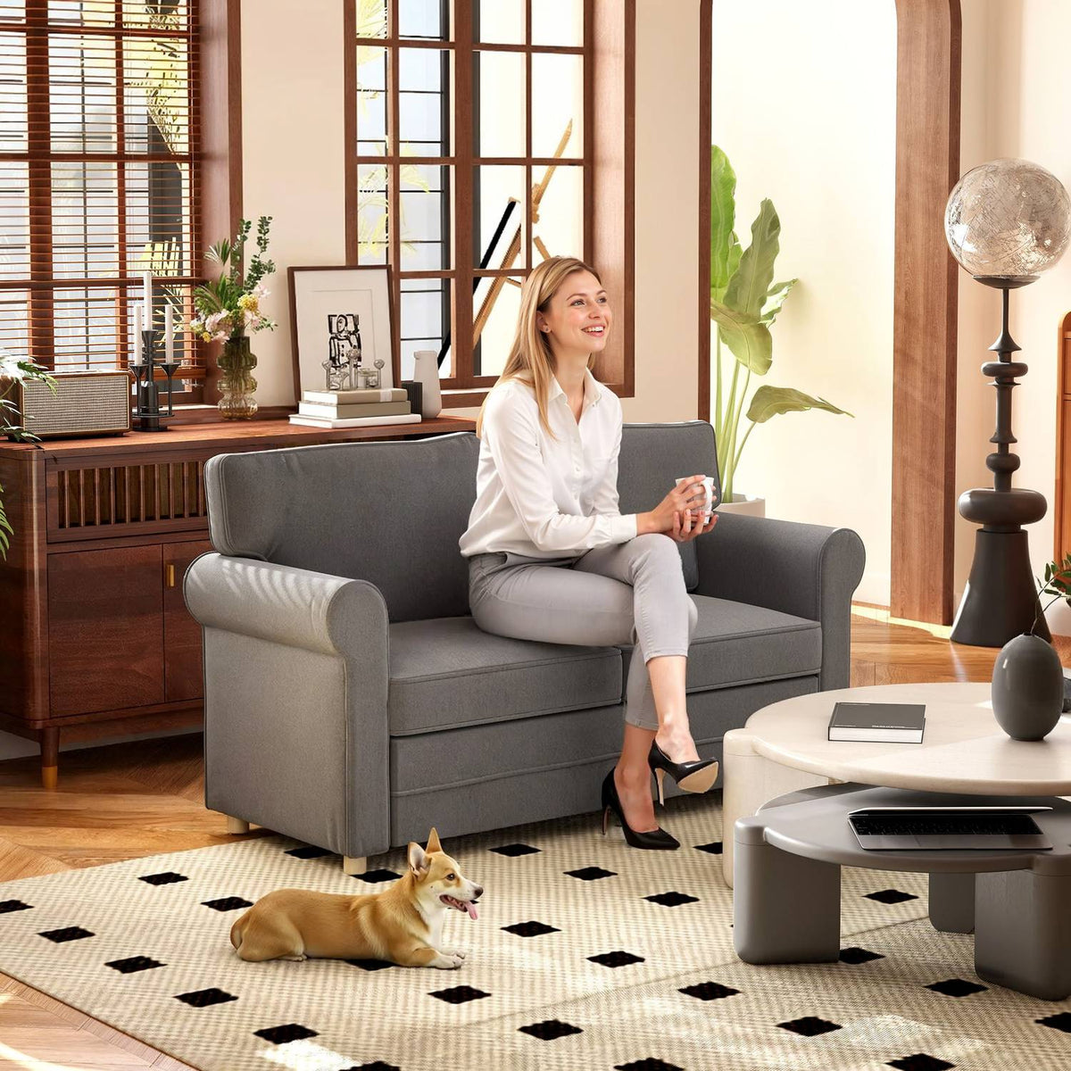 2-seater sofa, compact living room couch, linen-look fabric, soft seat cushions, steel frame, dark grey