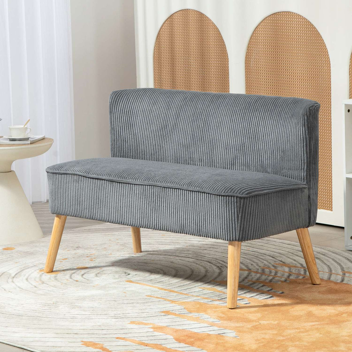 2 seater sofa, corduroy look couch, wooden legs, padded upholstered sofa, double sofa for living room, bedroom, 117 x 56.5 x 77 cm, gray