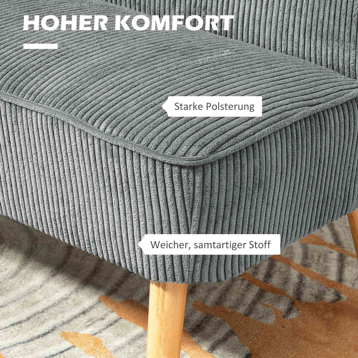 2 seater sofa, corduroy look couch, wooden legs, padded upholstered sofa, double sofa for living room, bedroom, 117 x 56.5 x 77 cm, gray