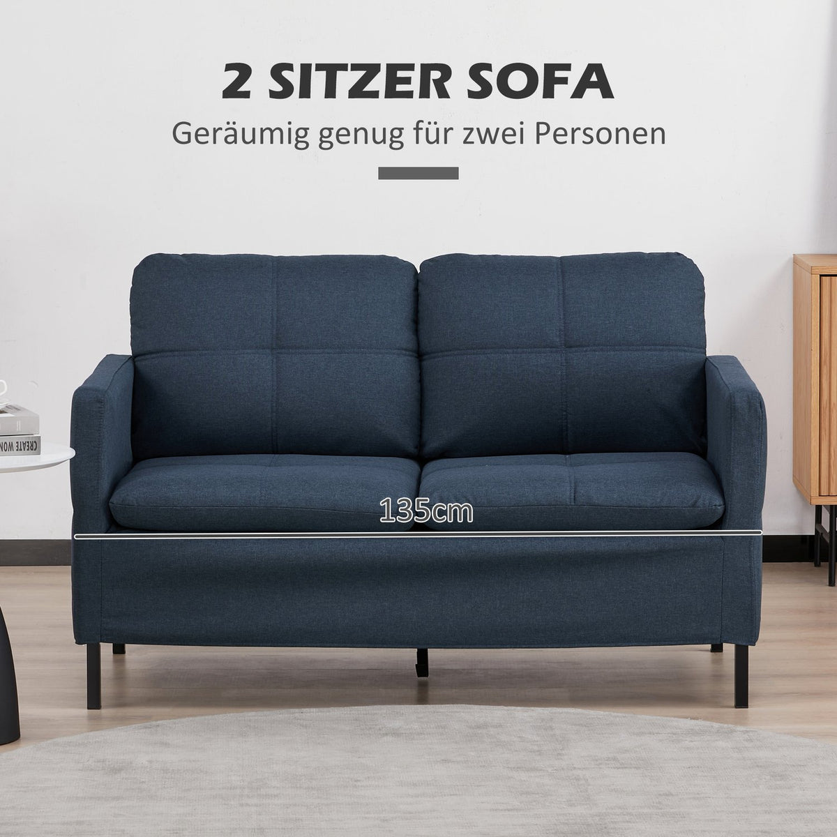 2 seater sofa, couch with linen look, steel legs, padded upholstered sofa, double sofa for living room, bedroom, 135 x 67 x 78 cm, dark blue