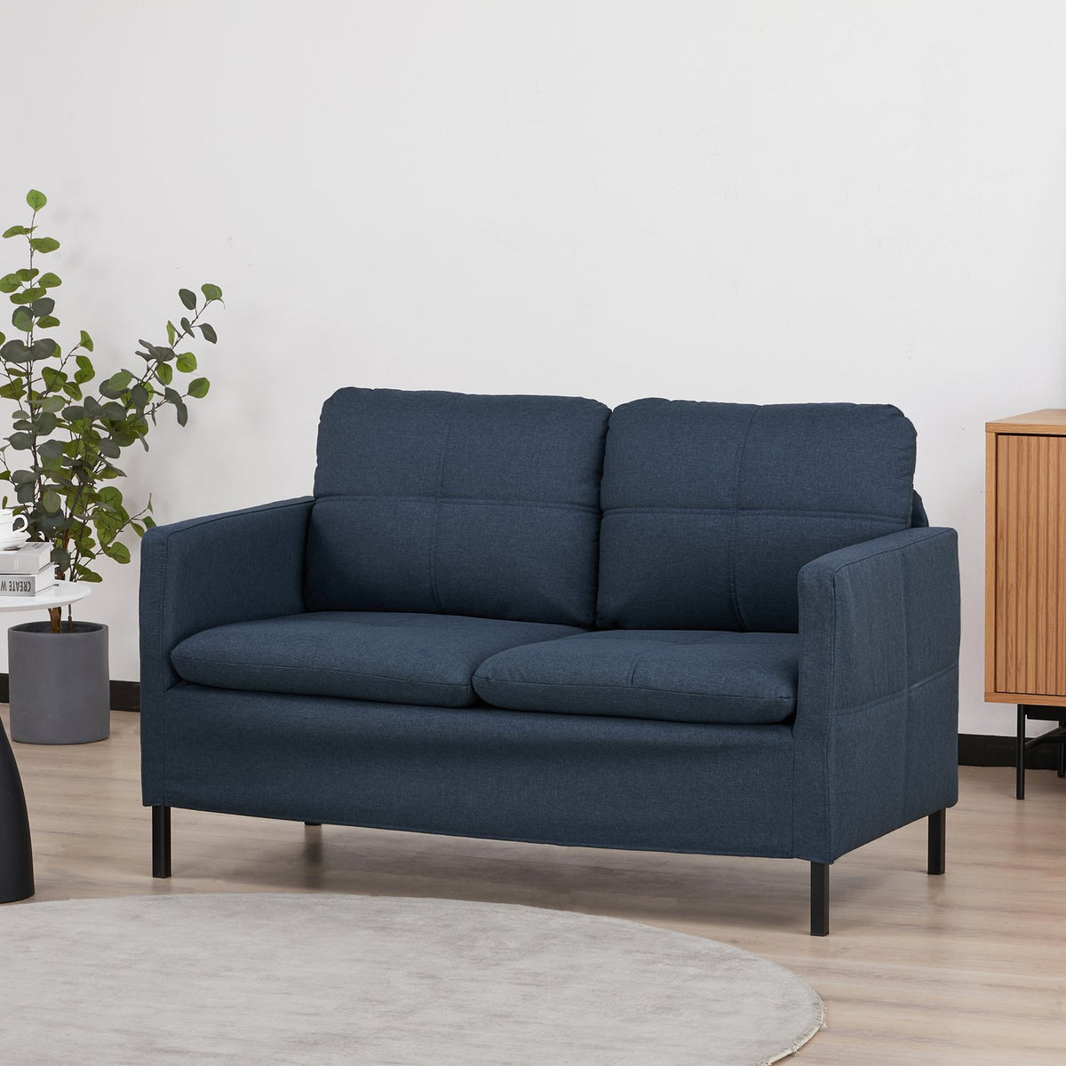 2 seater sofa, couch with linen look, steel legs, padded upholstered sofa, double sofa for living room, bedroom, 135 x 67 x 78 cm, dark blue