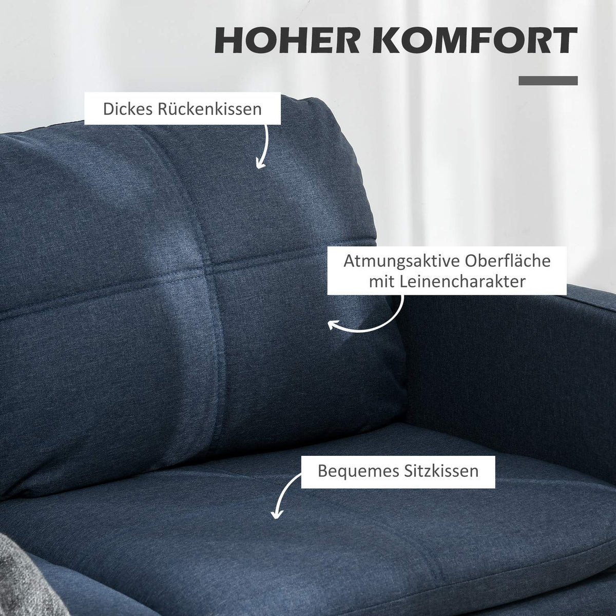 2 seater sofa, couch with linen look, steel legs, padded upholstered sofa, double sofa for living room, bedroom, 135 x 67 x 78 cm, dark blue