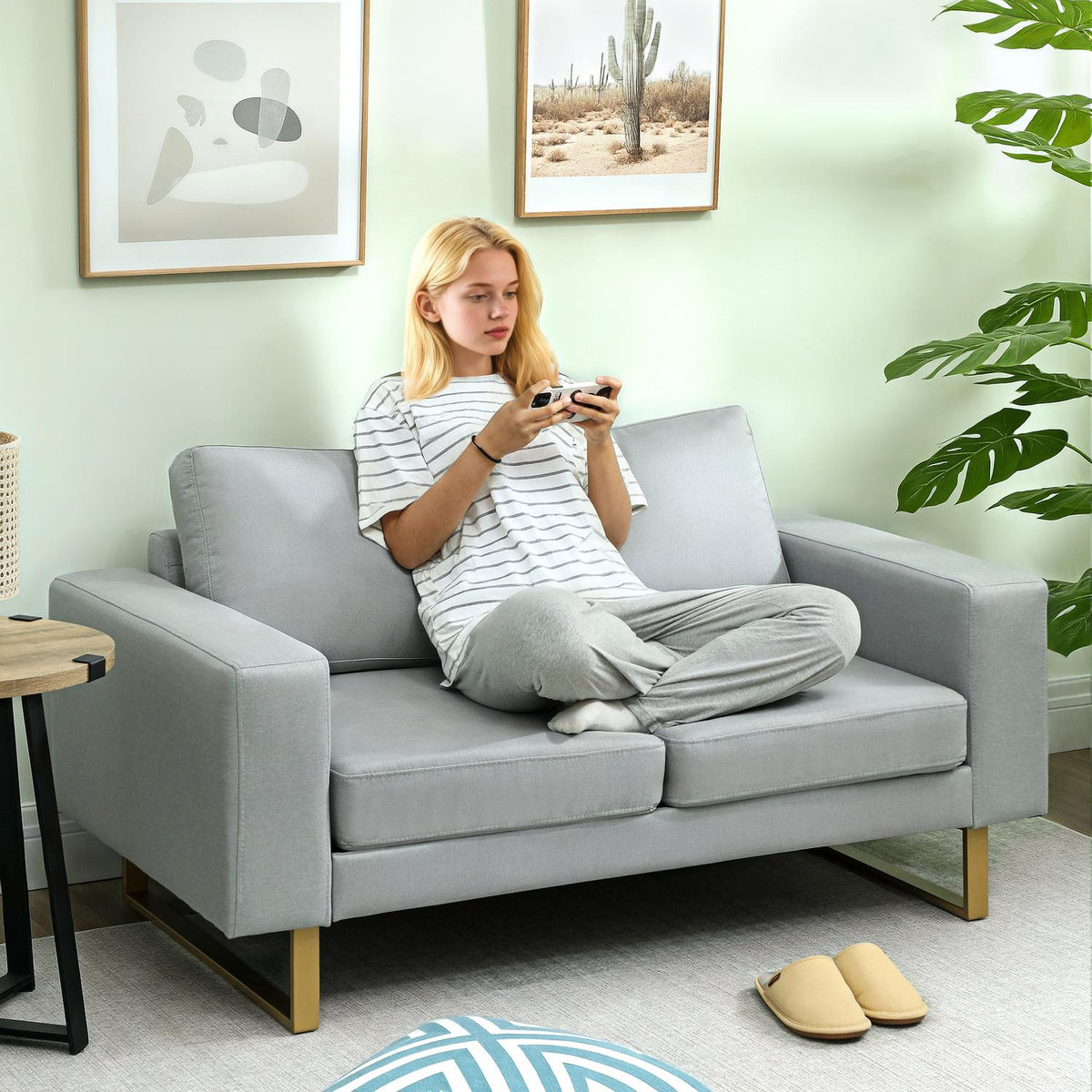 2-seater sofa, couch with solid wood frame, metal legs, simple design, light grey