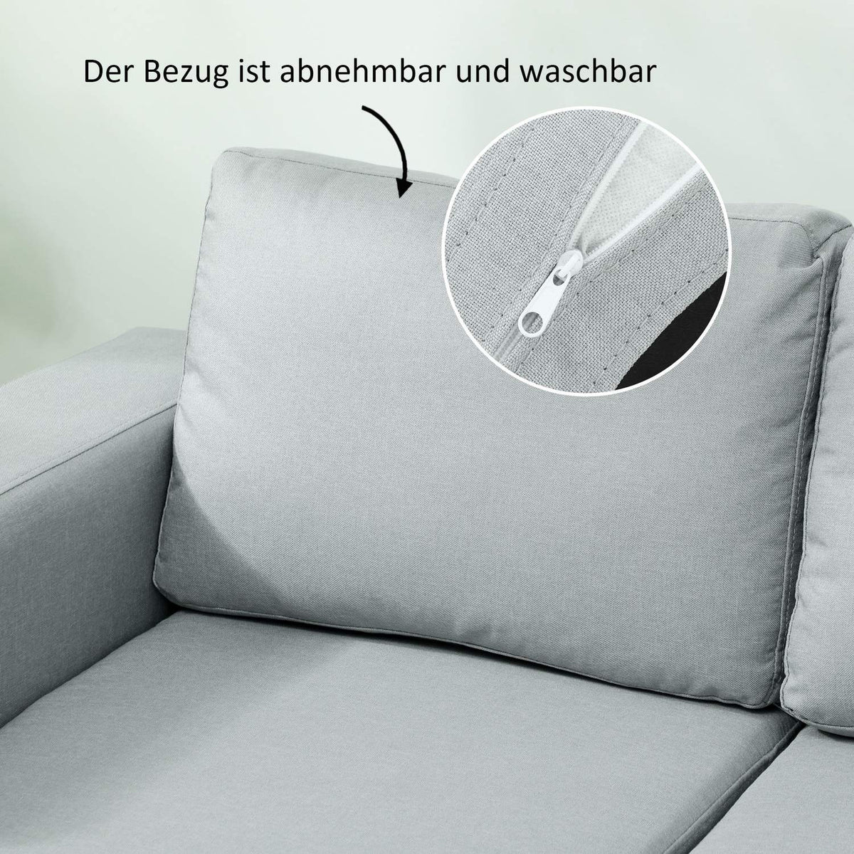 2-seater sofa, couch with solid wood frame, metal legs, simple design, light grey