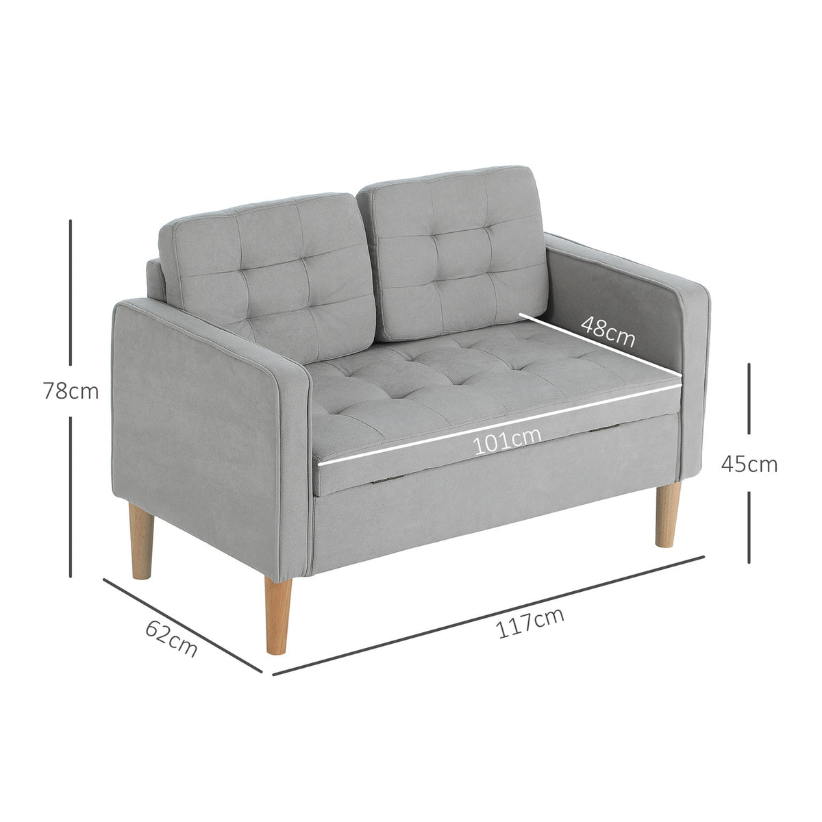 2 seater sofa, couch with storage space, upholstered sofa, double sofa with velvet look for living room, bedroom, 117x 62 x 78 cm