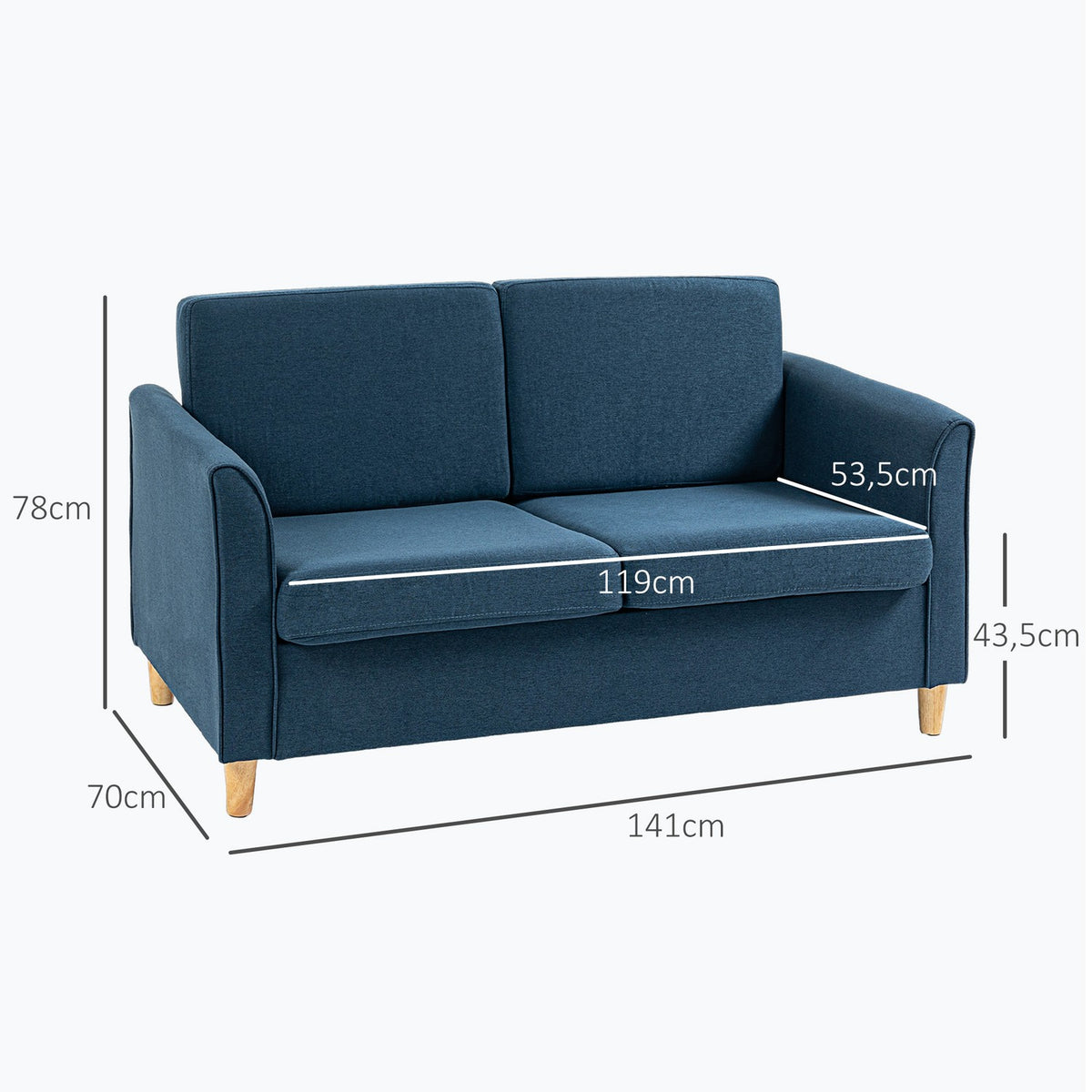 2 seater sofa, couch with wooden legs, linen look, padded upholstered sofa, double sofa in modern style for living room, bedroom, blue