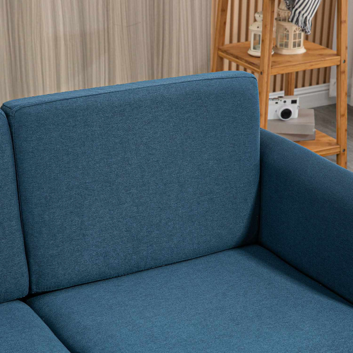 2 seater sofa, couch with wooden legs, linen look, padded upholstered sofa, double sofa in modern style for living room, bedroom, blue