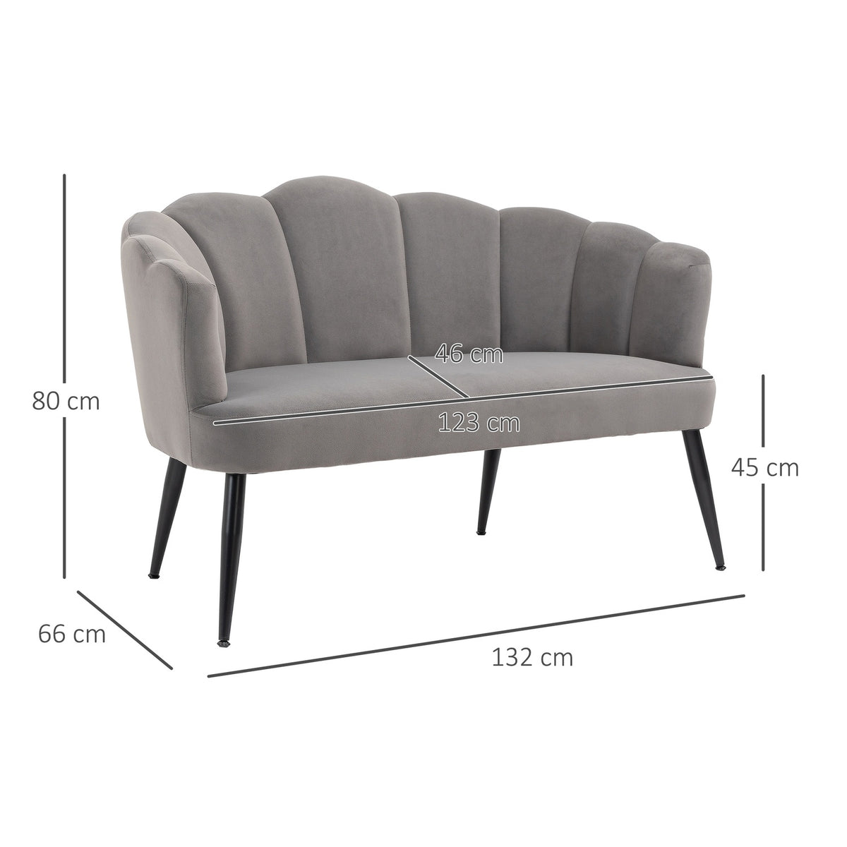 2-seater sofa, double sofa, two-seater lounge chair in modern design, load capacity up to 160 kg, 132 x 66 x 80 cm, grey